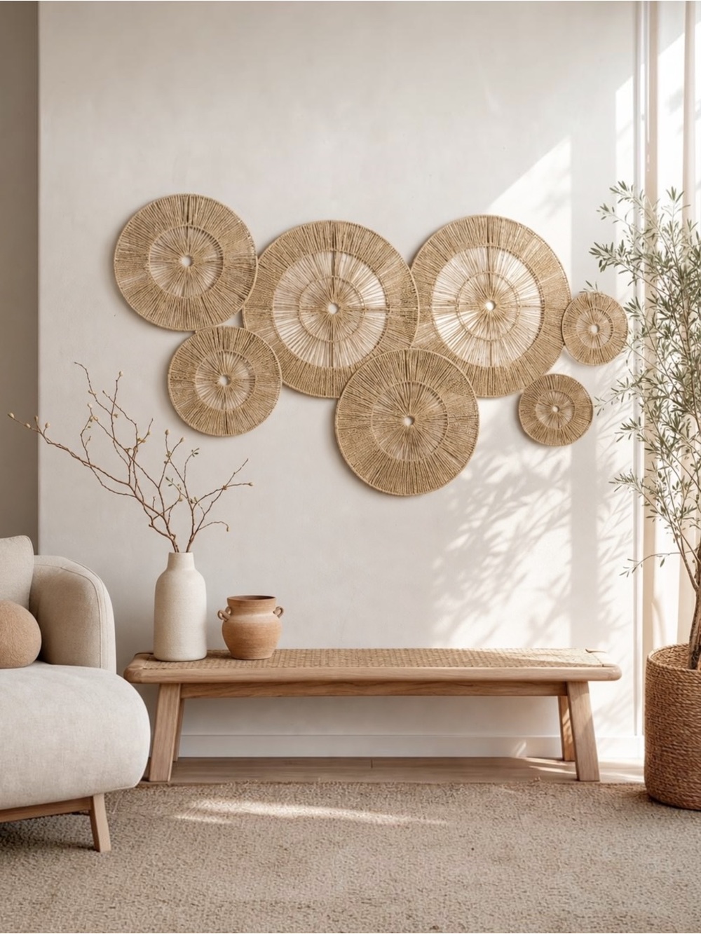 NEW West Elm 7-Piece Woven Wicker Rattan Round Boho Wall Decor Hanging Baskets